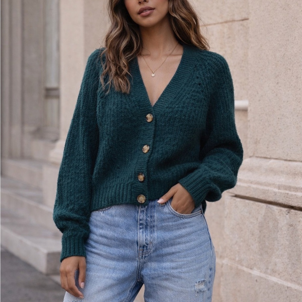 LOFT Women's Teal emerald Button-Up Sweater cardigan boho bohemian minimalist